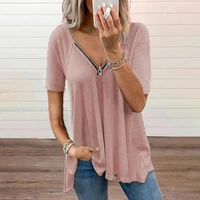 fashion v neck zipper solid short sleeved top t shirt women casual loose t shirt woman s 3xl size 2022 summer new free shipping