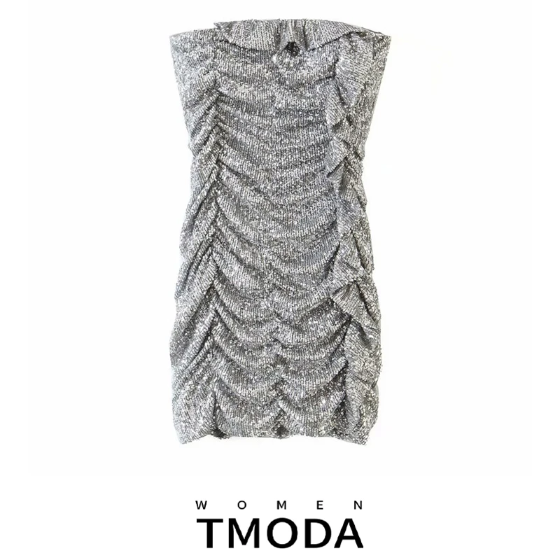 Летнее женское пикантное модное Плиссированное мини-платье TMODA1054 с блестками и