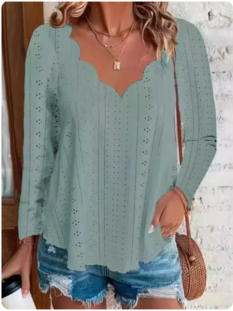 Модный волнистый топ с V-образным вырезом Женская Однотонная рубашка длинным