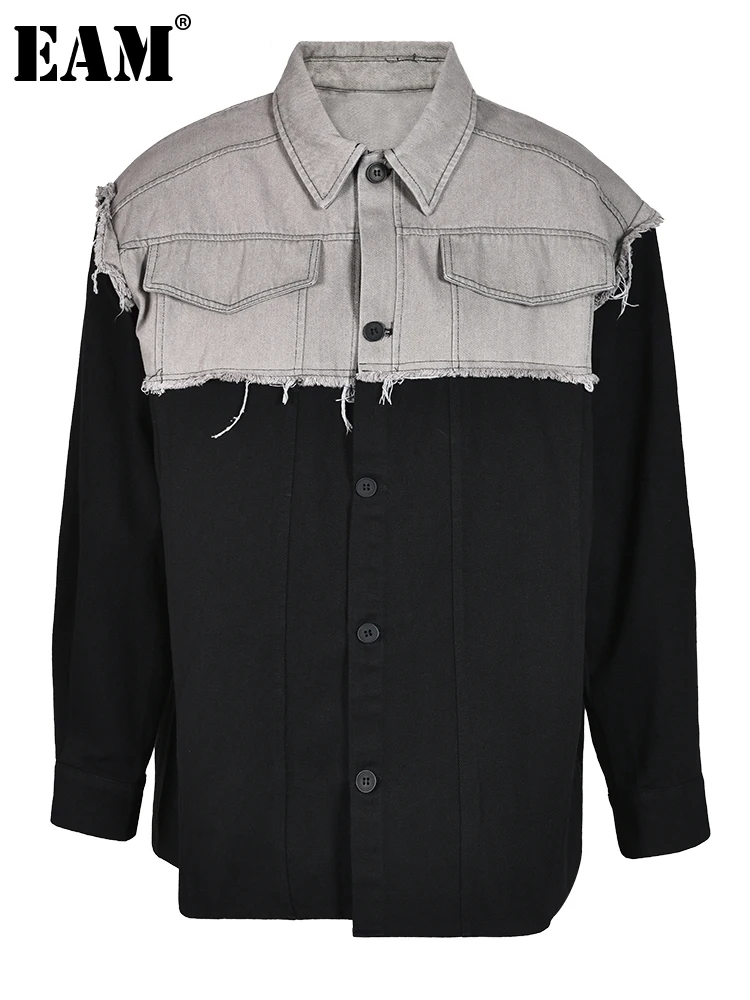 

[EAM] Loose Fit Black Color-block Big Size Denim Jacket New Lapel Long Sleeve Women Coat Fashion Tide Spring Autumn 2023 1DH1470
