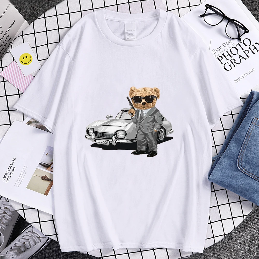 

Men and Women Agent Bear Funny Print T-shirts Summer Short Sleeve Casual Tees Unisex Harajuku Designer Tops Oversize Streetwear