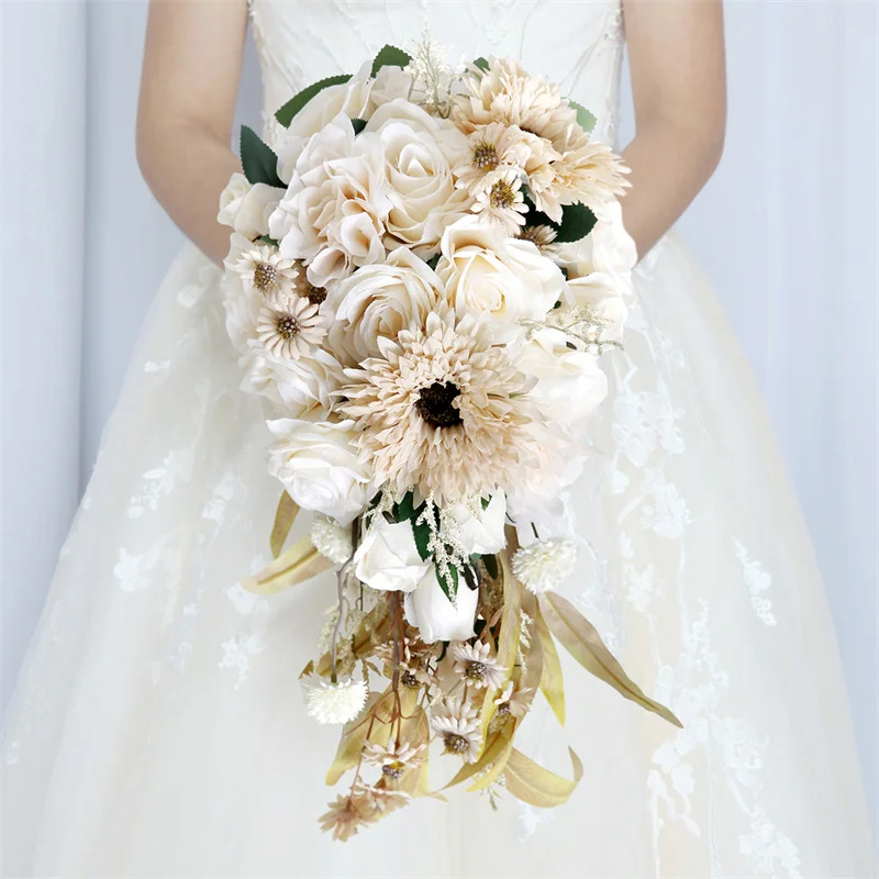 

VOHSIAHPO Waterfall Bouquet Bridal Milky White Water Drop Bouquet Bridesmaid Artificial Flowers Wedding Chapel Accessories