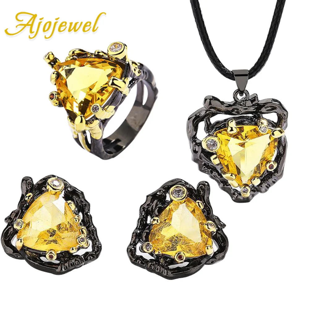 

Ajojewel Yellow Stone Jewelry Set For Women Gold-color Black Series Necklace Triangle Earrings Ring Vintage Items Wholesale