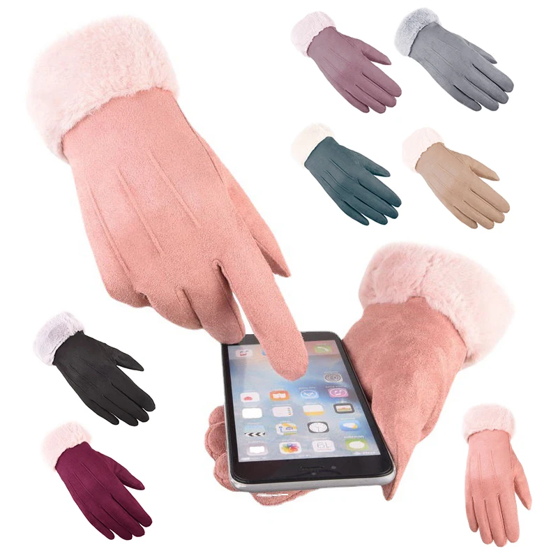 

Faux Fur Suede Leather Gloves Full Finger Mittens Thicken Furry Warm Gloves Velvet Plush Wrist Touch Screen Pure Color Gloves