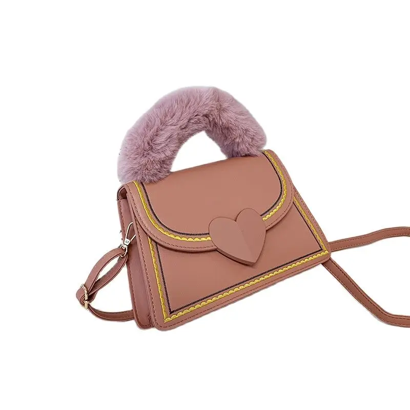 

Handbag with Cute Love Lock Fashion Fur Women's bag Pu Leather Shoulder Messenger Bag For Women Letter Chain Purse