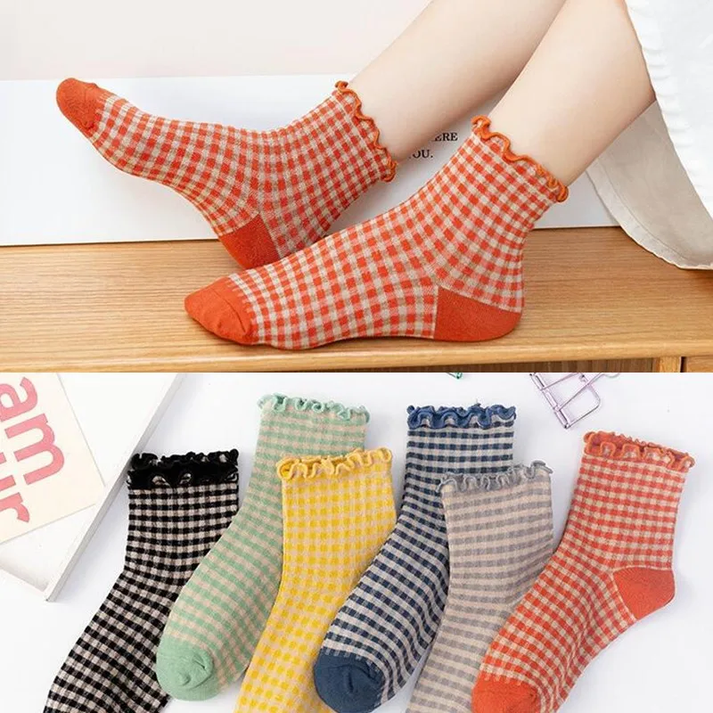 

Женские носки в стиле Лолиты, японские и корейские милые носки в клетку с рюшами, однотонные милые короткие носки в стиле Харадзюку для девочек