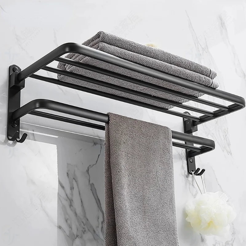 

Towel Rack 40-60 CM Folding Holder Bathroom Accessories Wall Mount Rail Organizer Hook Aluminum Storage Bar Matte Black Shelf