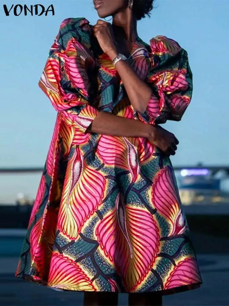 

Женское платье до колен 2023 VONDA сексуальный офисный элегантный сарафан летнее платье с буффами на рукавах винтажное богемное Платье с принтом