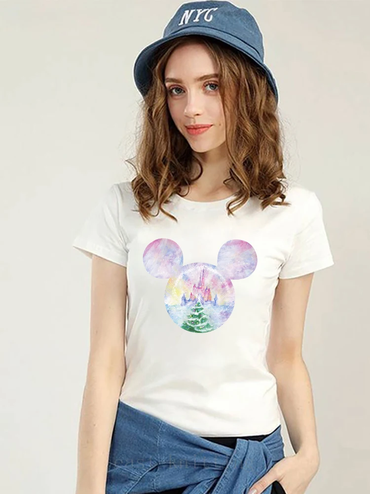 

Disney Mickey Mouse Head Graphic White Women T-Shirts Aesthetic Tops Clothes Minimalist High Quality Female T Shirt Short Sleeve