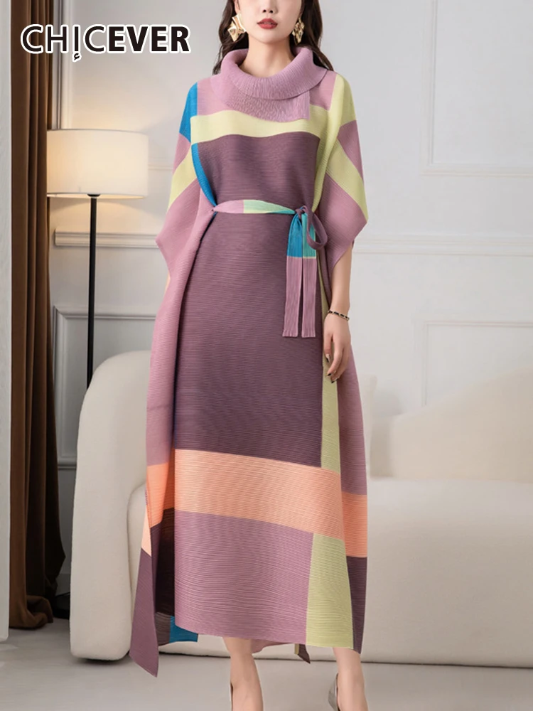 

CHICEVER темпераментные шикарные платья для женщин с отворотом, рукав «летучая мышь», с высокой талией, в стиле пэчворк, на шнуровке, повседневное свободное платье средней длины для женщин, Новинка