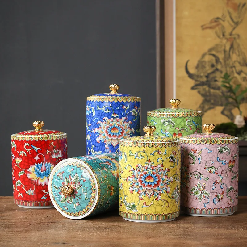 

Porcelain Storage Jar Enamel Color Colored Flower Crown Ceramic Jar with Lid Cylindrical Sealed Tea Pot Candle Bottle Decor