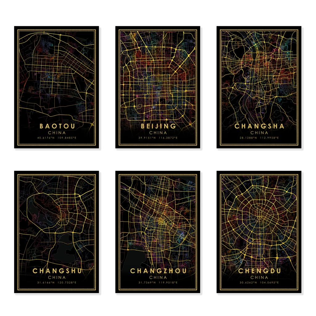 

Dalian Guiyang Guangzhou Baotou GOLD ROADS Rainbow City Map Print China Poster Canvas Wall Art Black Pictures for Living Room