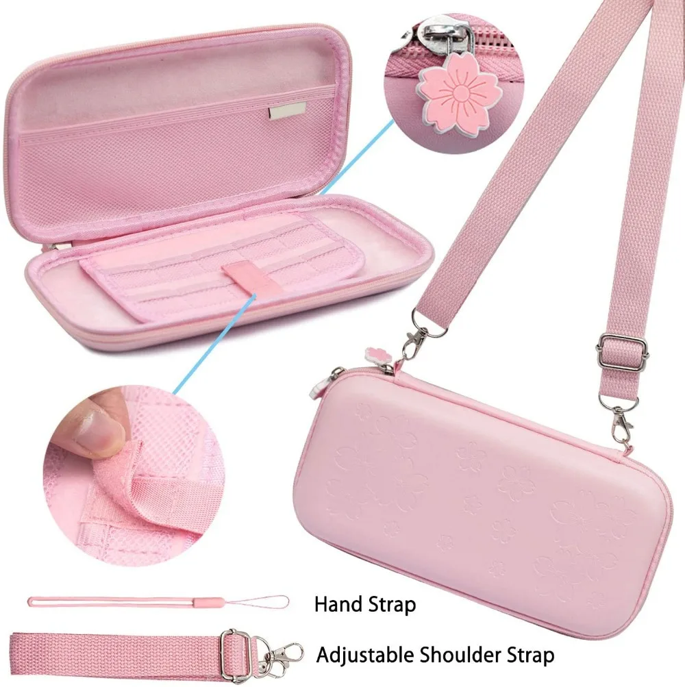 

Pink Carrying Case Kit for Nintendo Switch Lite Console Cover Pouch Glass Screen Protector Thumb Stick Grips Travel Accessories