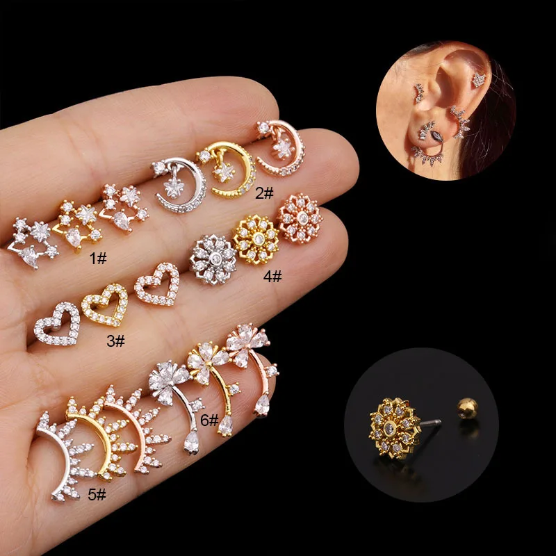 

1PC 20G Steel Barbell Cz Cartilage Studs Earrings Heart Star Flower Crystal Tragus Daith Earrings Helix Piercing Body Jewelry