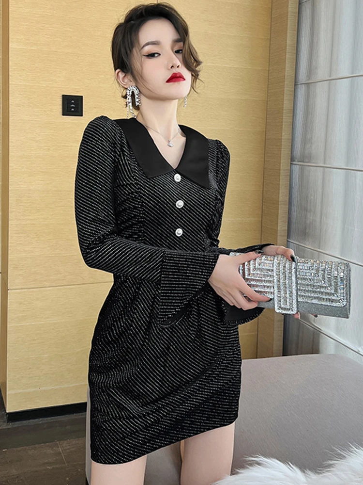 

Spring Dresses for Women 2023 Fashion Sexy Black Velvet Long Sleeve Bright Diamonds Mini Clothes Birthday Party Lady Vestidos