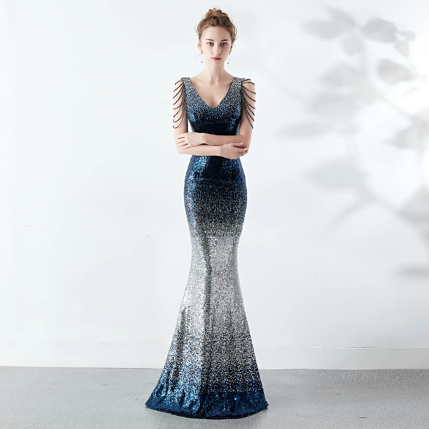 

Silver Sequin Evening Dresses Mermaid V-neck Long Party Dress Elegant Dresses for Women Gowns Night Women's Luxury Formal Gown