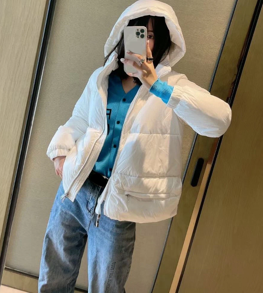 

Женская зимняя одежда, новинка 2022, теплые роскошные белые пуховые куртки с коротким рукавом и капюшоном на молнии, пуховик, Женская куртка