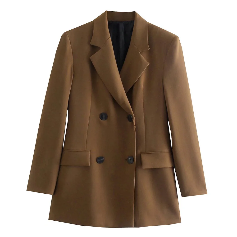 

Женский двубортный приталенный Блейзер, винтажная верхняя одежда с длинным рукавом и карманами с клапаном, шикарная женская одежда