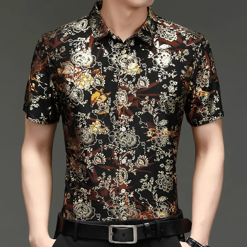 Camisas de manga corta para hombre, camisas negras de seda 80% de moda china hawaiana, con estampado de flores a ambos lados, ropa de playa de verano 2022