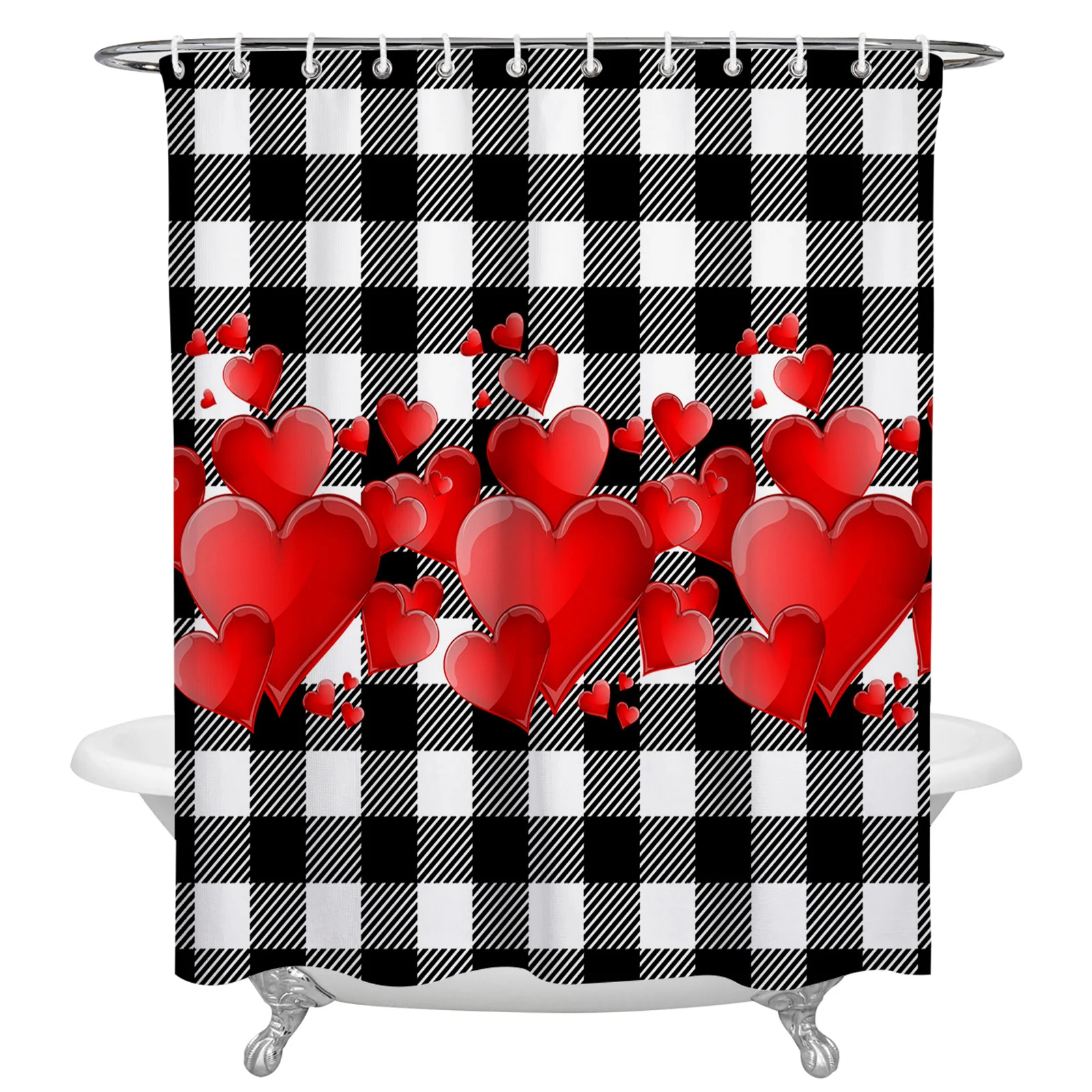 

Red Love Heart Black And White Plaid Shower Curtain Luxury Bathroom Decor Waterproof Curtains Polyester Bath Curtain