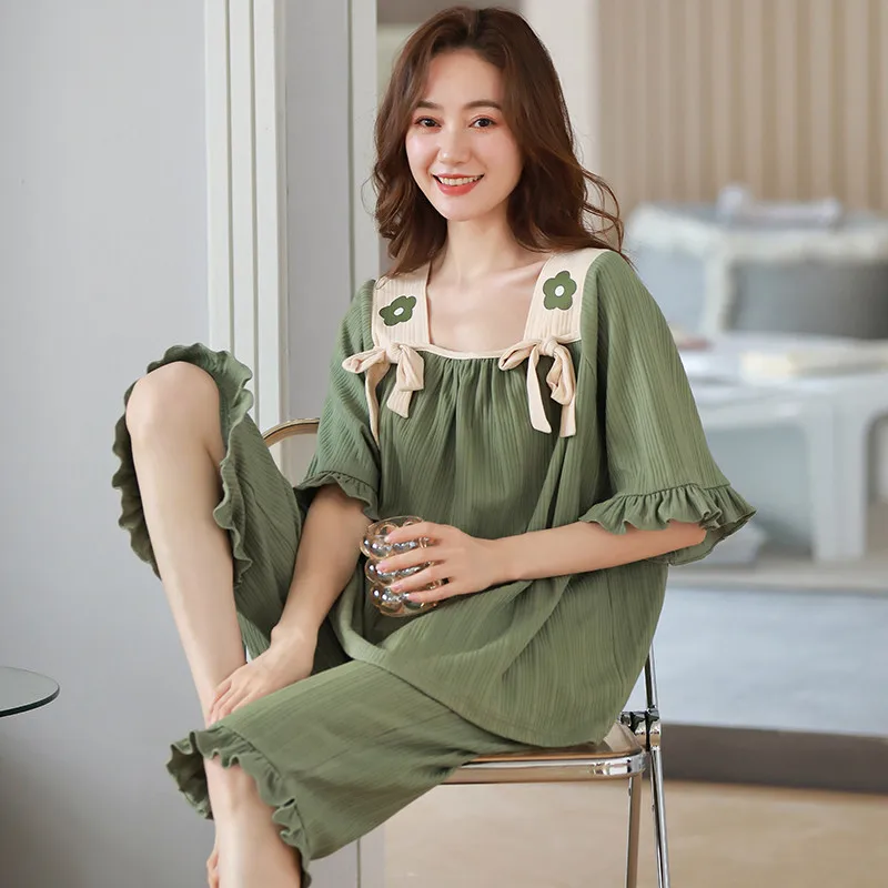 Summer Cotton Pajama Set Korea Women Pajamas New Cropped Pants Outer Wear Short Sleeve Sleepwear lacework Free Shipping Nightie