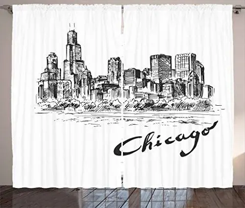 

Chicago Skyline Blackout Curtains Vintage Artwork of American City in Hand Drawn Style Sketchy Effects Window Curtain