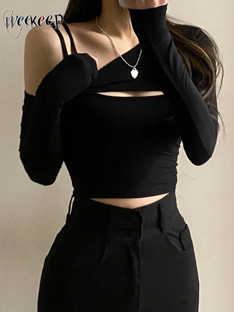 

Женский комплект из двух предметов, короткий топ на одно плечо и топ на тонких бретельках, y2k