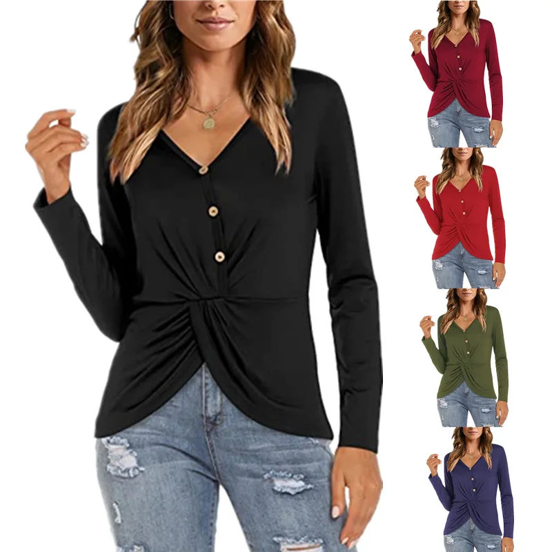 

Women's T-shirt Fall 2021 Fashion Loose V-Neck Long Sleeve Tops