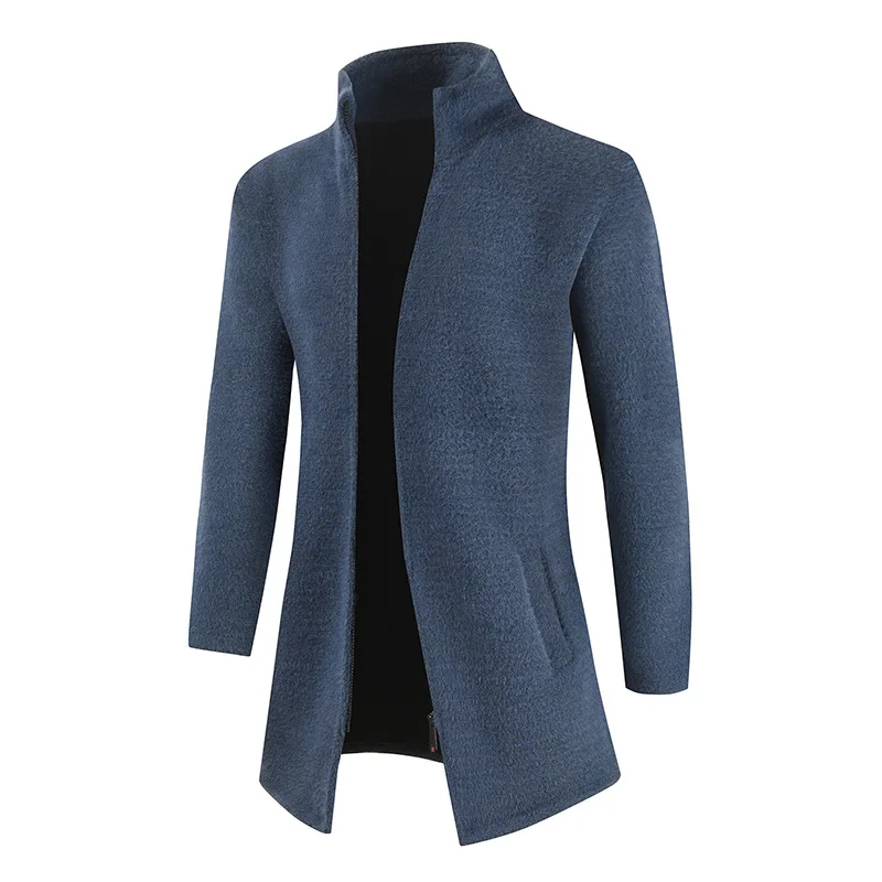 

New Autumn Winter Solid Color Mid Length Mens Sweater Slim Style Stand-up Collar Zipper Cardigan Man Knitted Sweater Outwear