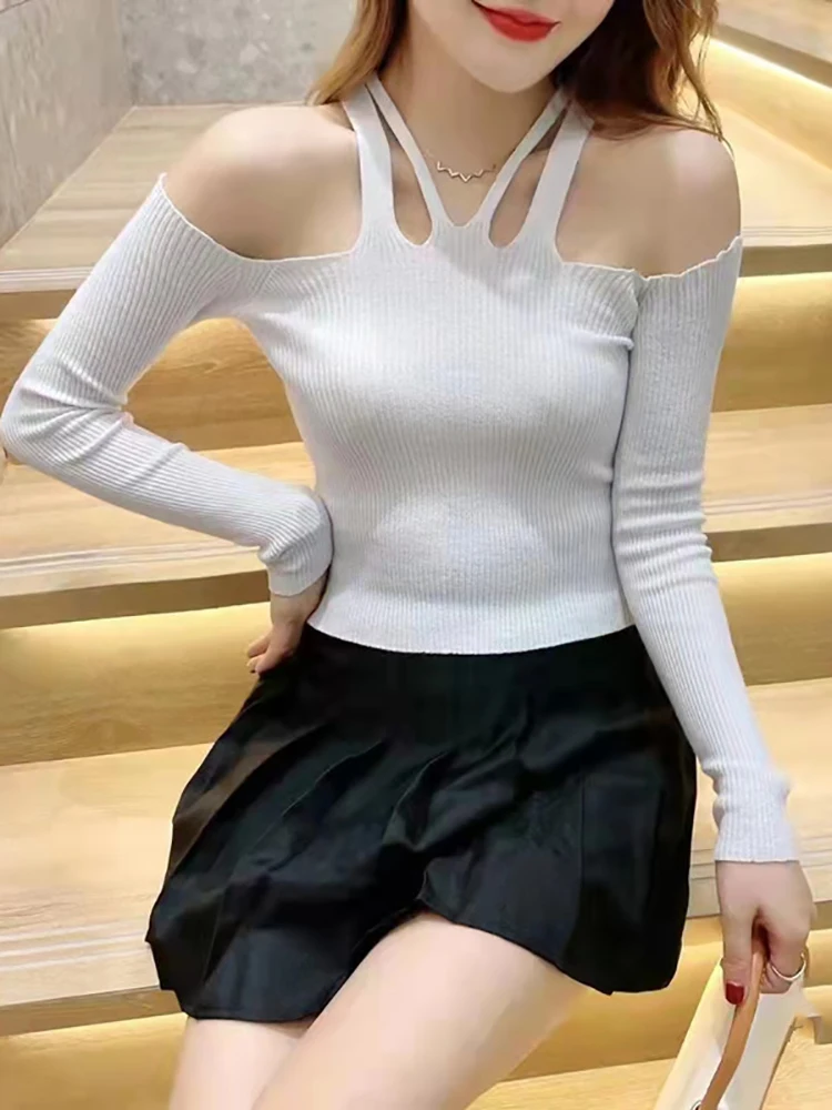 

Cropped Sweater Women Clothes Off Shoulder Long Sleeve Womens Tops Knitted Sweaters Pullover Autumn Sueter Mujer Invierno 2022