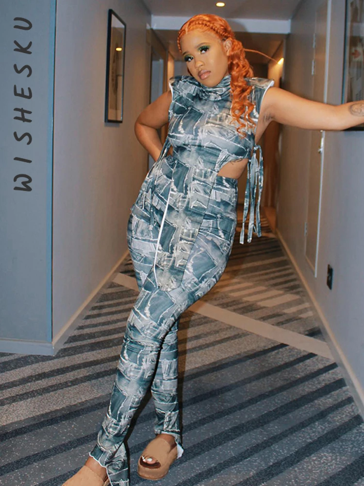 

Комплект из двух предметов, Женский бандажный костюм с принтом, привлекательный короткий топ без рукавов на шнуровке и брюки гранж в стиле п...