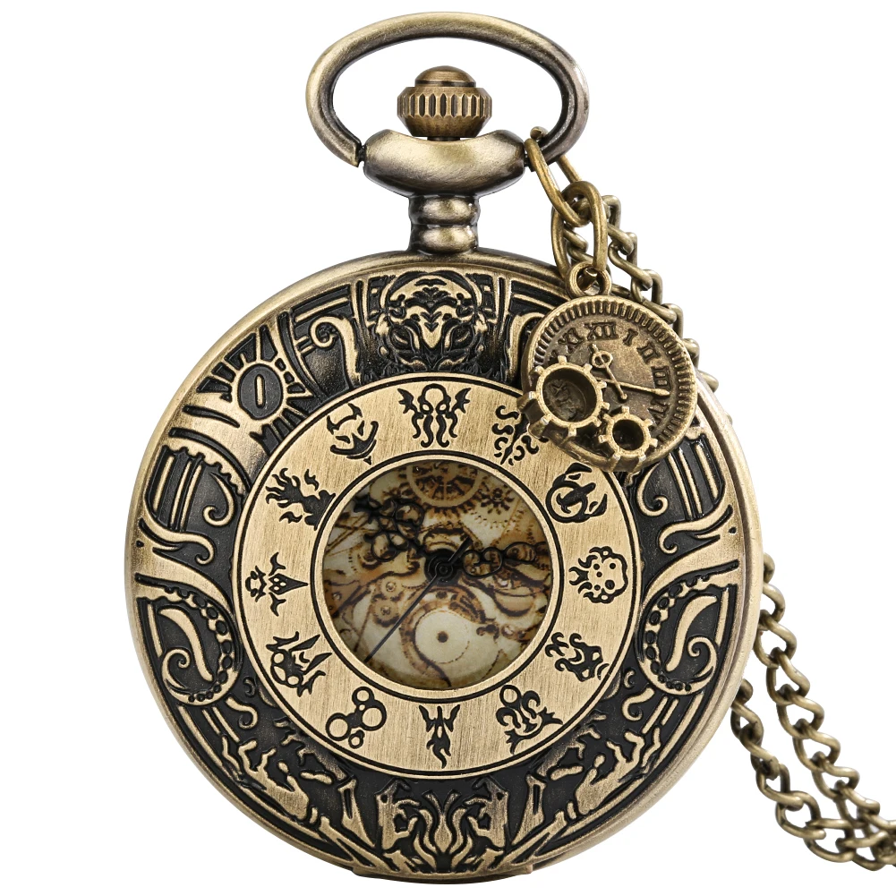 

Unique Gift Nostalgic Men's Quartz Bronze Hollowed Out Gear Pendant Large Pocket Watch Slim Chain Time Roman Tag Vintage Clock