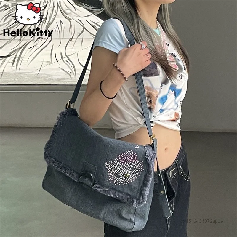 

Sanrio Hello Kitty Bags American Style Trend Washed Denim Underarm Bag Y2K Millennium Vintage Shoulder Bag Women Luxury Handbags
