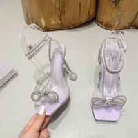 xibeilove 2022 new womens sandals sexy square toe rhinestone bow transparent pvc crystal heel high heel sandals