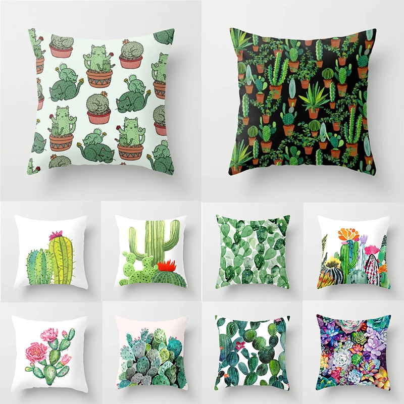 

2022 Green Cactus Succulent Print Cushion Cover Desert Plant Lumbar Cushion Bedroom Sofa Car Seat Pillow Cover Home Party Decor
