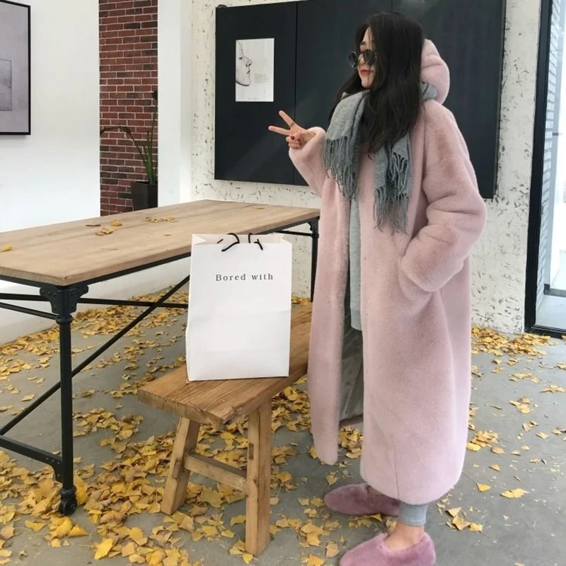 Women Long Coat 2021 Winter New Faux Mink Fur Coat Thick Warm Faux Fur Jacket Ladies Female Hooded Loose Plush Coat Oversized