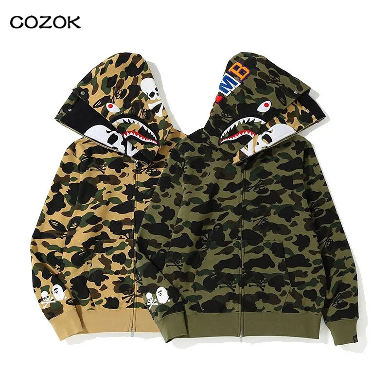 

new Camouflage double cap fleece Bape Double Hood Camouflage Hoodie Men And Women Hooded Cardigan Shark Sweater Jacket