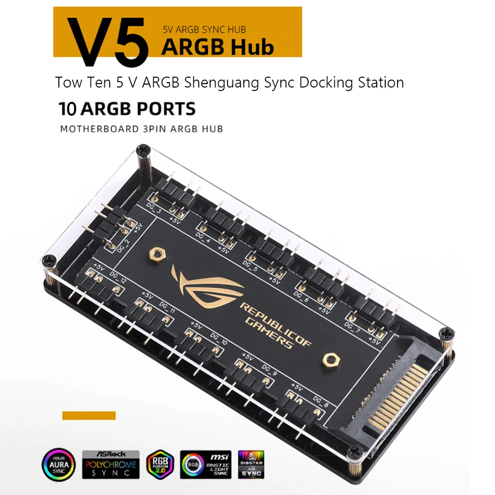 Rgb Fan Hub Argb Кабель Splitter Адаптер 5V 3 pin Sata/Large 4D Power PC Аксессуары 10-in-1 Для Asus/Msi/Gigabyte/Asrock On.
