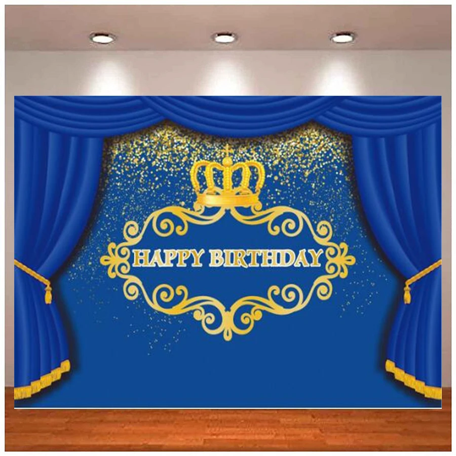 

Photography Backdrop Blue Curtain Gold Crown Stage Happy Prince Birthday Party Personalized Banner Portrait Photo Background