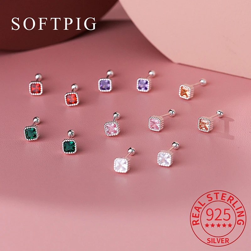 

SOFTPIG Trendy Real 999 Sterling Silver Square Zircon Piercing Screw Ball Bead Stud Earrings for Women Geometric Fine Jewelry