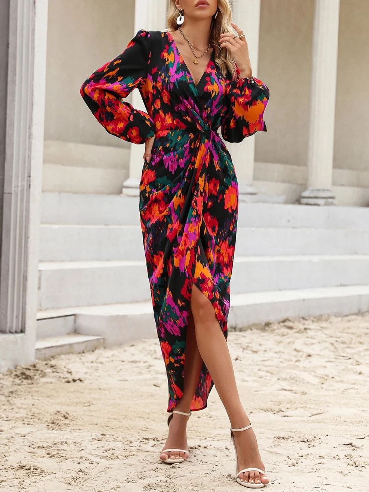

New Fashion Women's Dress Printed V-neck Lantern Sleeve Commuter Fold Vestido Casual Party Dress for Women 2023