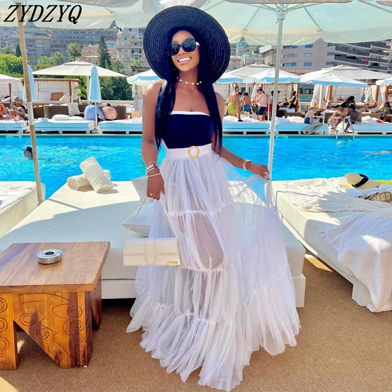 

ZYDZYQ Two Piece Set Women Summer Tube Top Bodysuit Mesh Pleated Skirt Y2k Clothes Casual Vacation Outfits Streetwear Wholesale