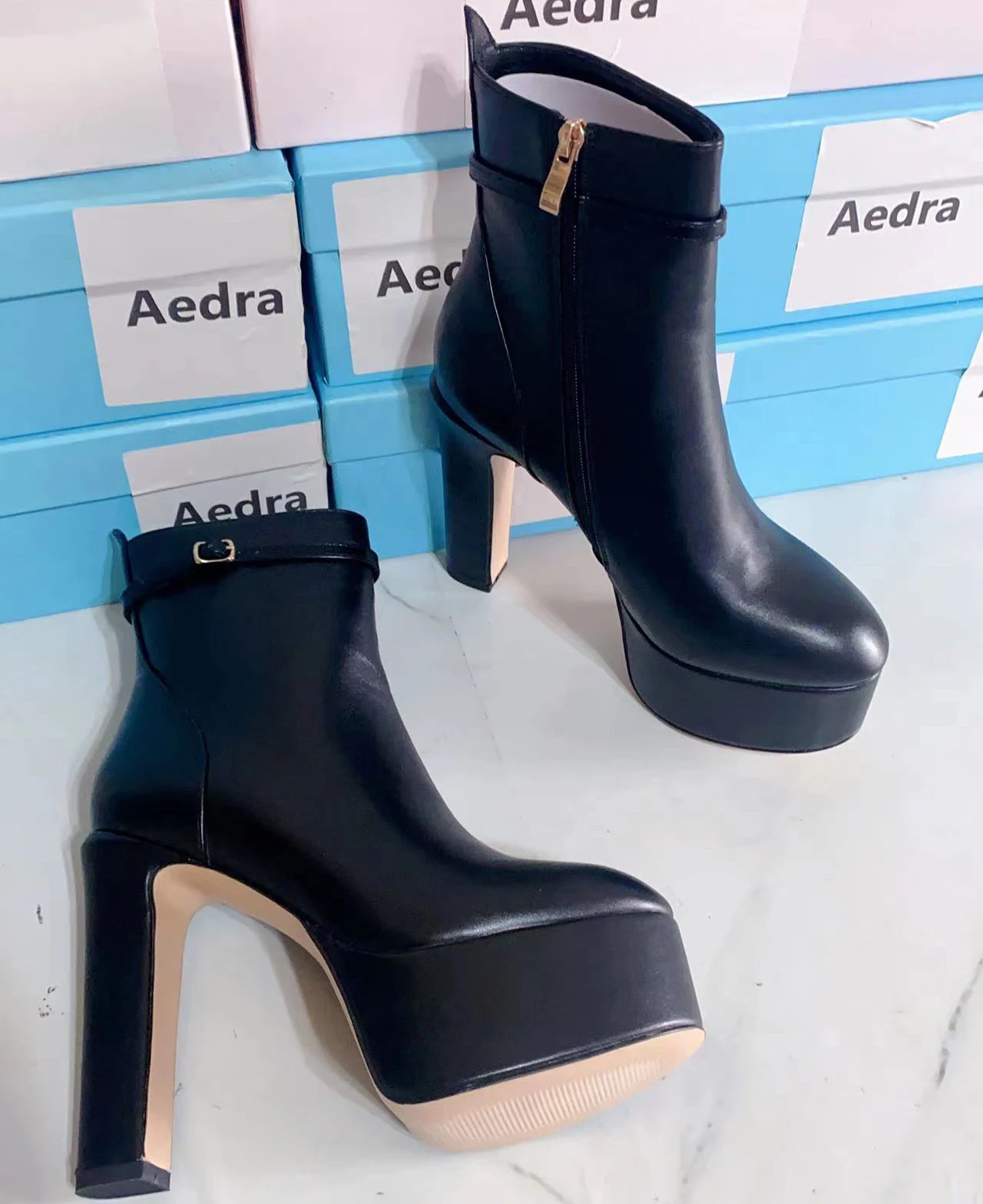 Concise Buckle Black Round Toe Booty Short Shoes for Women Warm Winter Ankle Boots Genuine Leather Platform Block High Heel Zip