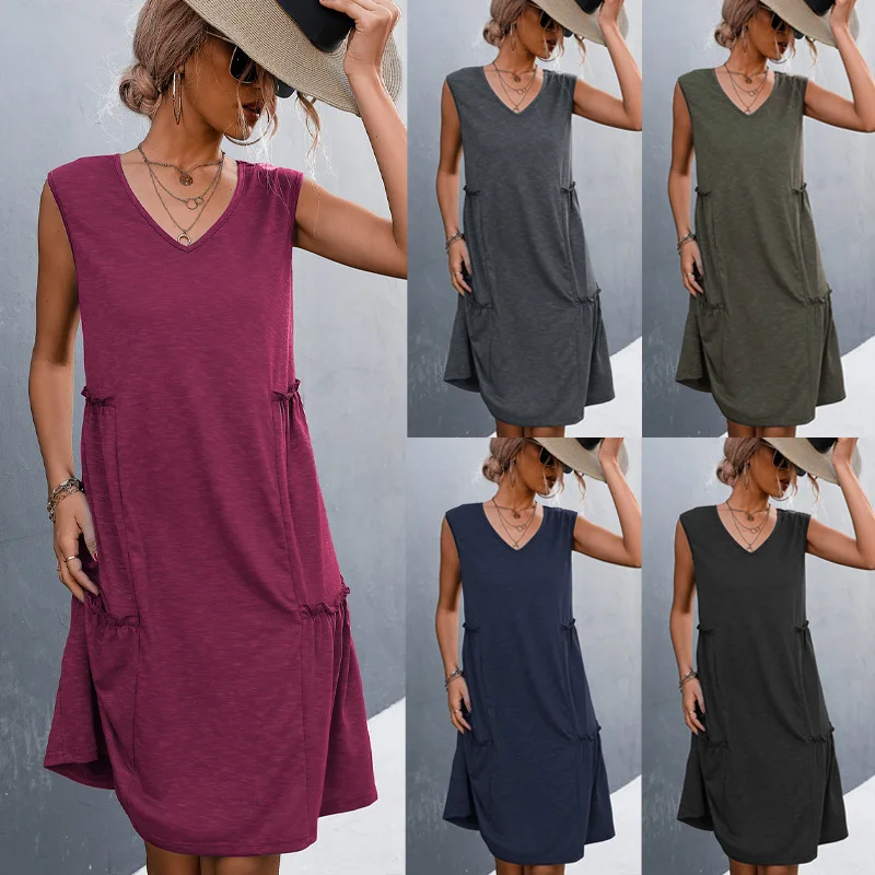 

Spring/Summer 2023 New Solid V-Neck Sleeveless Vest Knitted Dress Skirt
