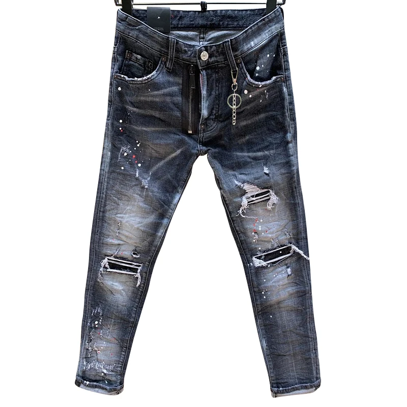 2023 new StarbagsDSQ Black patch Old Ripped Jeans Zipper Korean Slim pants Men's pants