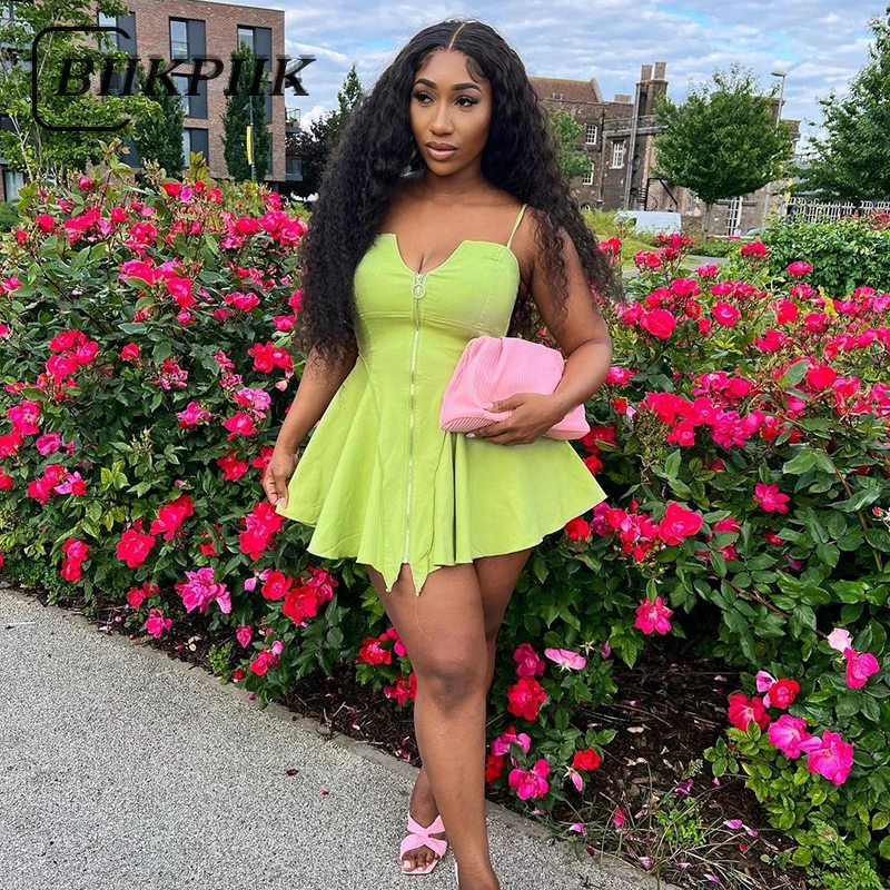 

Плиссированные трапециевидные платья BIIKPIIK для женщин, милая модная Клубная одежда для активного отдыха, туника на молнии с бретельками, лет...