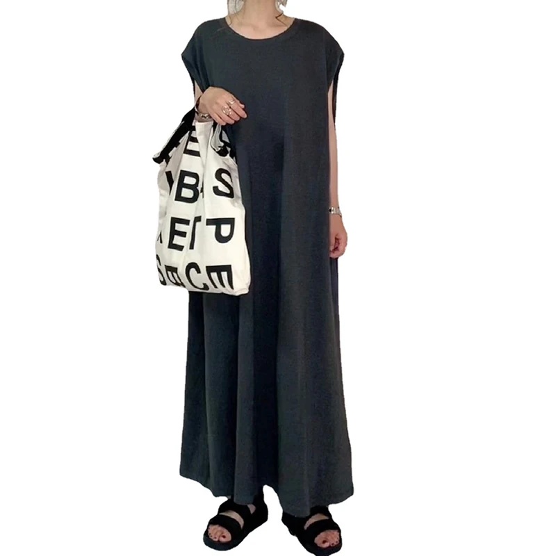 

Women Summer Dress 2022 Japan Style Women Loose Show Thin Round Neck Slub Cotton Sleeveless Maxi Long Dress Wide Big Dresses
