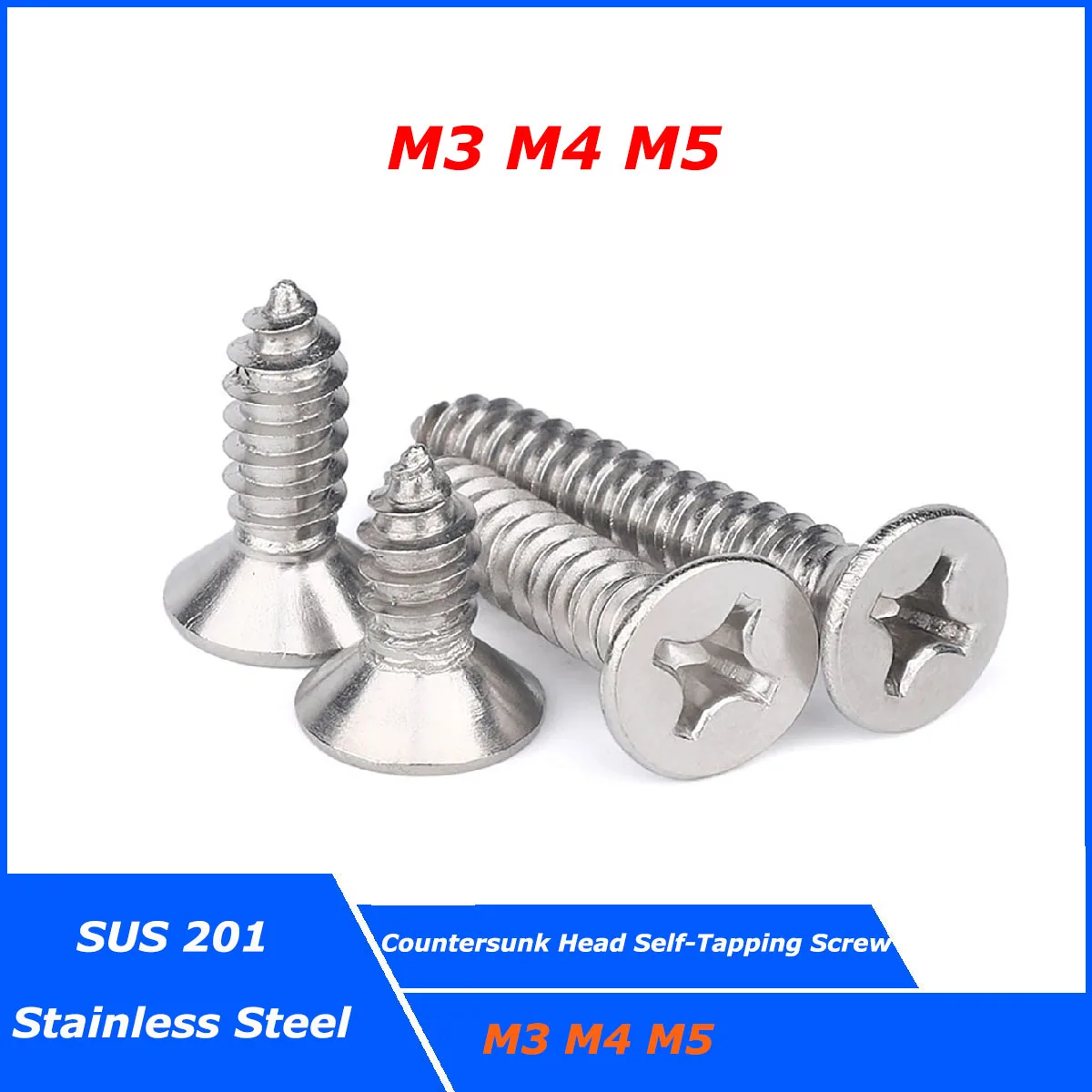 

5~100pcs M3 M4 M5 SUS 201 Stainless Steel Cross Phillips Flat Countersunk Head Self Tapping Screw Wood Screws