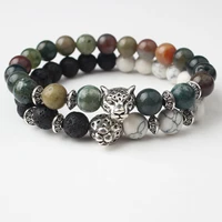 8mm natural stone bracelet frosted black stone volcanic stone silver leopard head bracelet for diy jewelry women man accessories