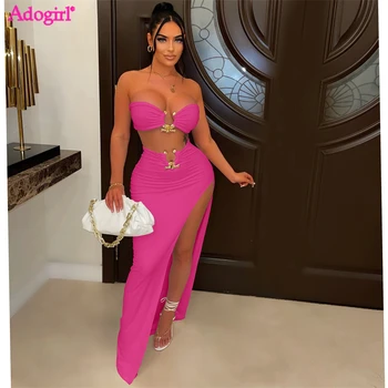 Adogirl Metal Ring Two Piece Set Women Party Dress Strapless Crop Top High Split Maxi Skirt Summer Holiday Beach Outfits Suit 1